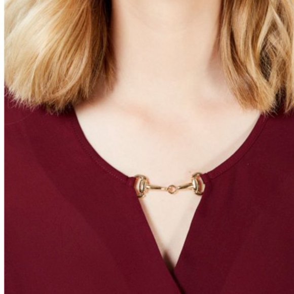 BCX Womens Burgundy Cuffed Keyhole Wrap Top - Picture 3 of 10